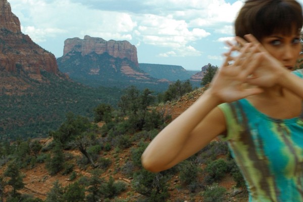 Woman in Sedona blocking her face from the camera